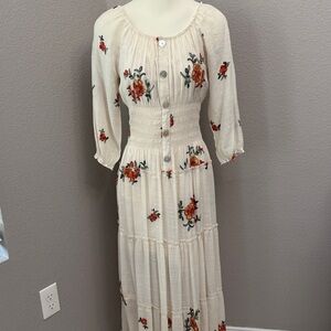 Fig And Flower Anthropologie Cottage Core Floral Embroidered Tiered Maxi Dress